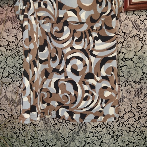 Marc Bouwer brown grey white blouse abstract thick tie back wrap around belt - Picture 5 of 5